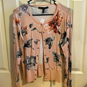 WHBM size M cardigan lightweight sweater. Pink with flowers and snap buttons.